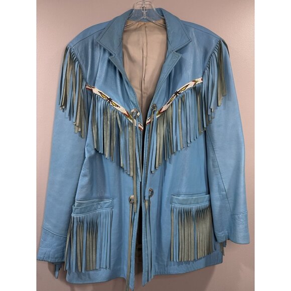 Charles Chevignon Blue Leather Jacket Size M Fringe Beads Western Cowgirl Navajo